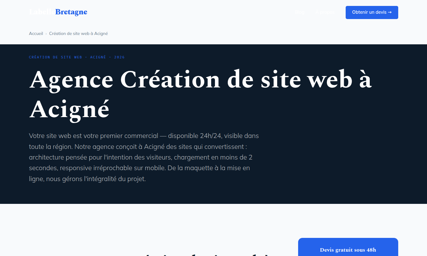 Capture d’écran d’une page service création de site web Labellebretagne