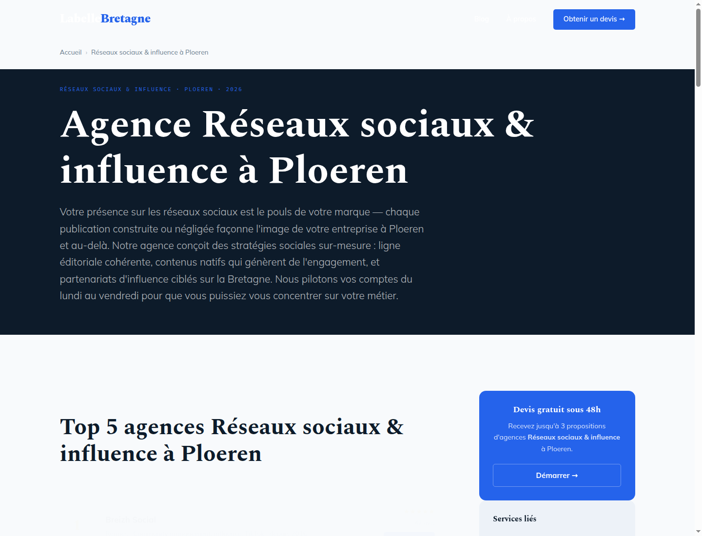 Exemple de page service réseaux sociaux et influence sur Labellebretagne